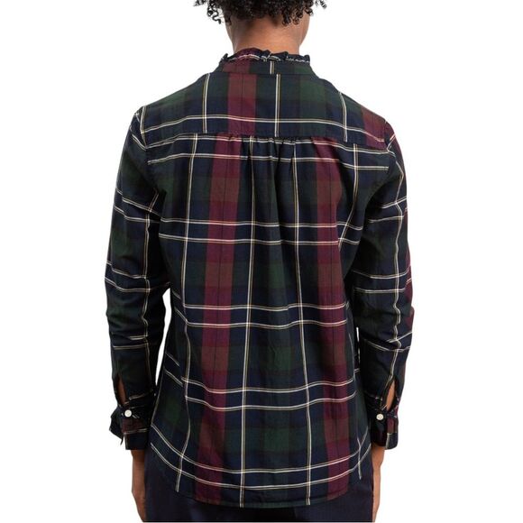 Trovata Birds of Paradis Caroline Ruffle Cuff Blouse Wine Navy Plaid Size Small - Picture 4 of 12